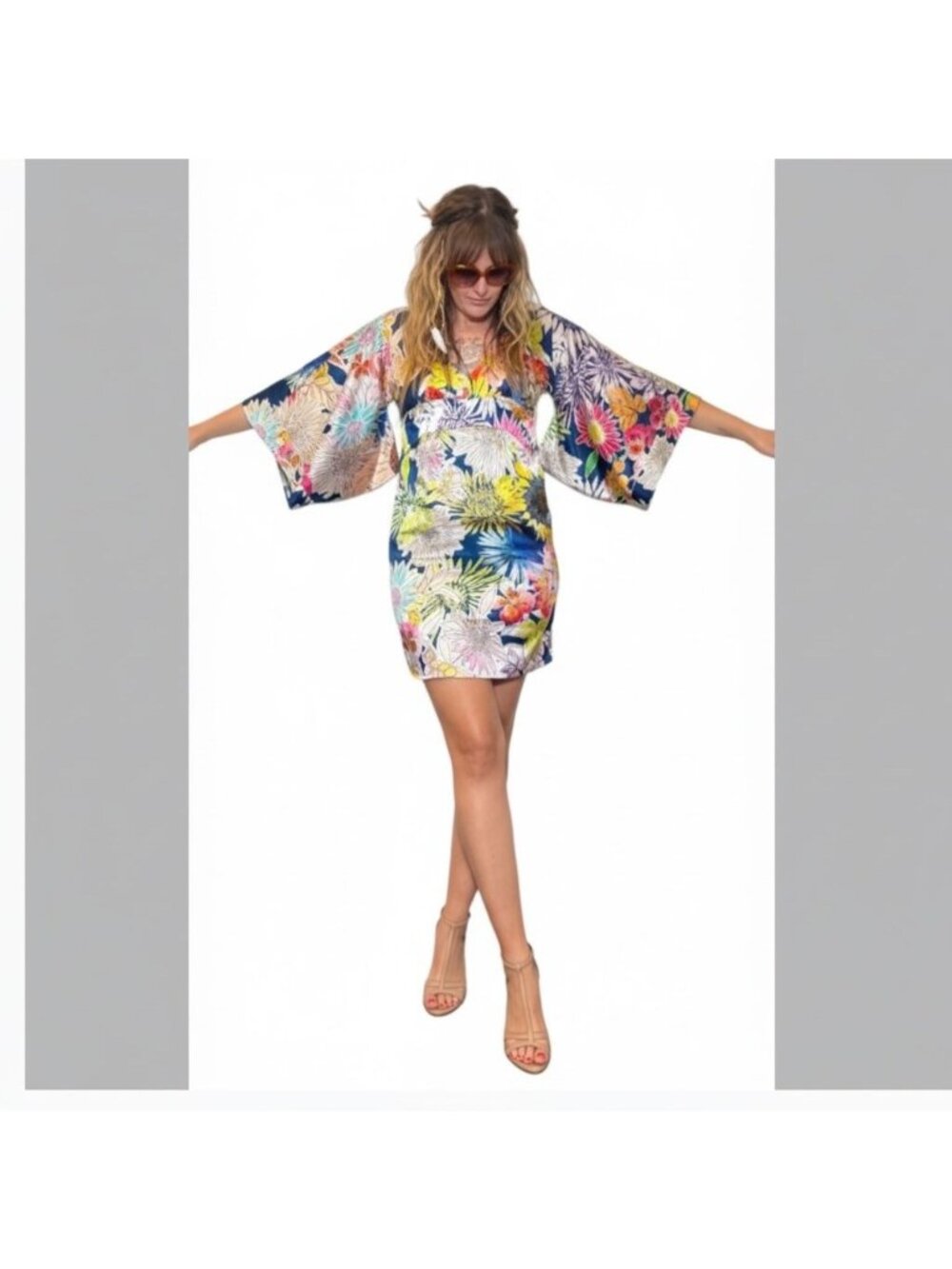 Virna Dro KITAGI Luxury Colorful Floral Satin Kimono Dress Mini Colorful 40 Smal